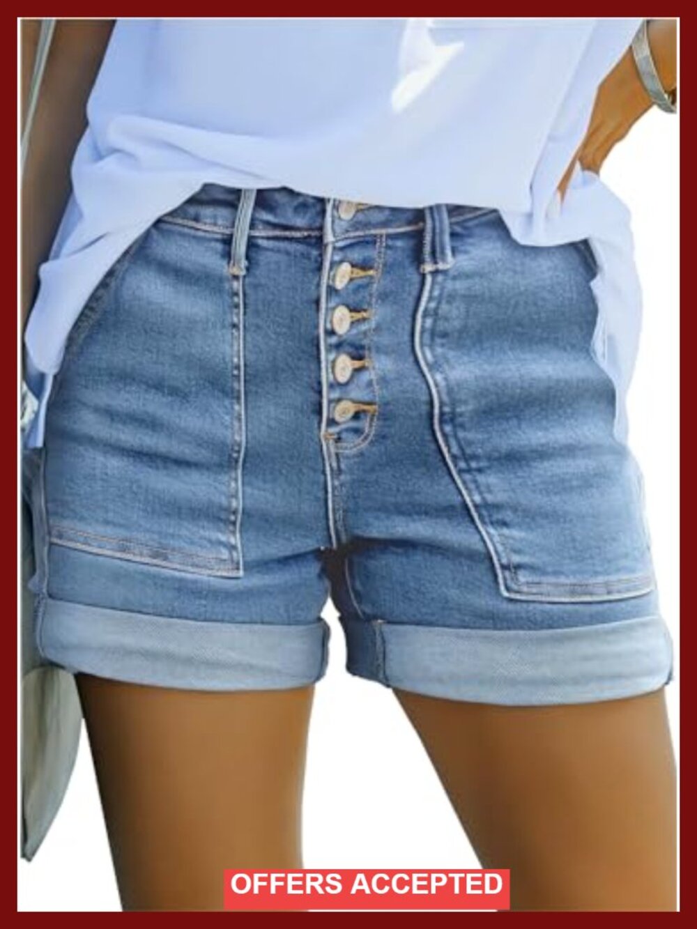 High Waisted Stretchy Buttoned Folded Hem Denim Shorts